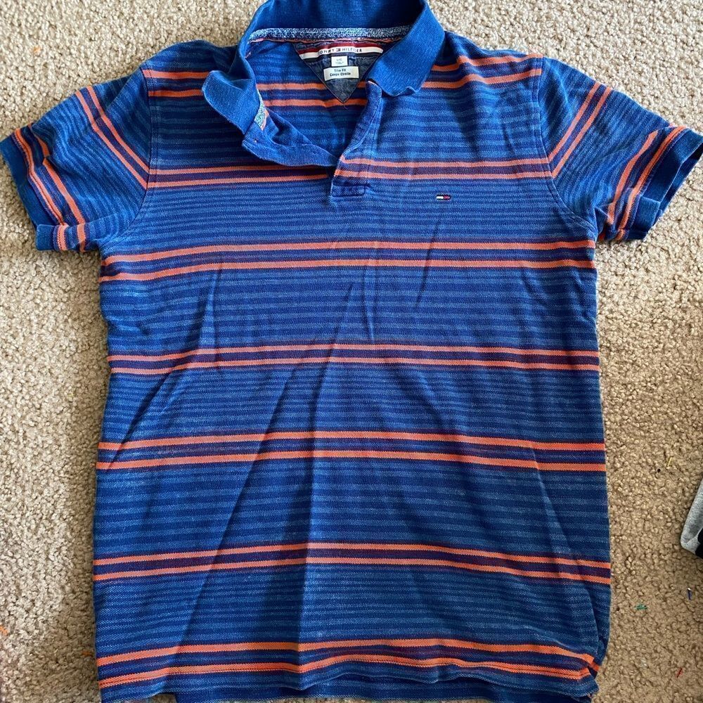 Mens Tommy Hilfiger Orange and Blue Striped Polo Shirt